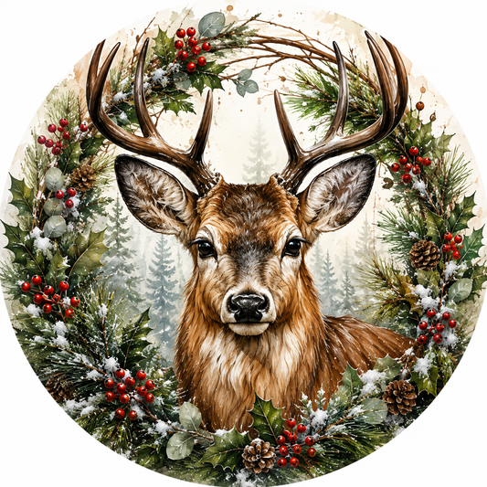 Christmas Deer Buck in Holly Wreath Sign-Sublimation-Round-Chistmas-Winter-Decor
