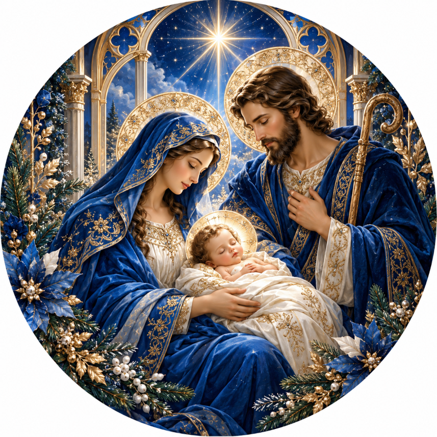 Blue Gold Mary Joseph Baby Jesus Christmas Nativity Scene Wreath Sign