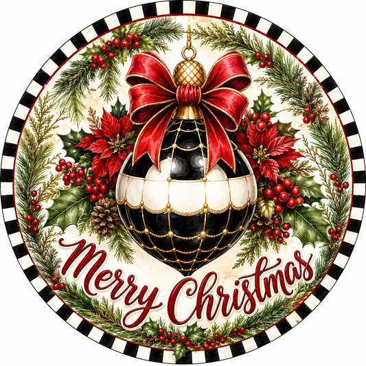 Merry Christmas Ornament Black White Check Wreath Sign-Sublimation-Round-Chistmas-Winter-Decor