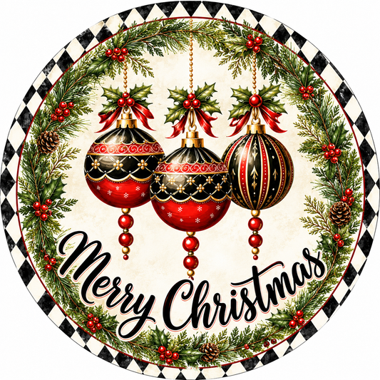 Merry Christmas Triple Ornaments Black White Check Wreath Sign-Sublimation-Round-Chistmas-Winter-Decor