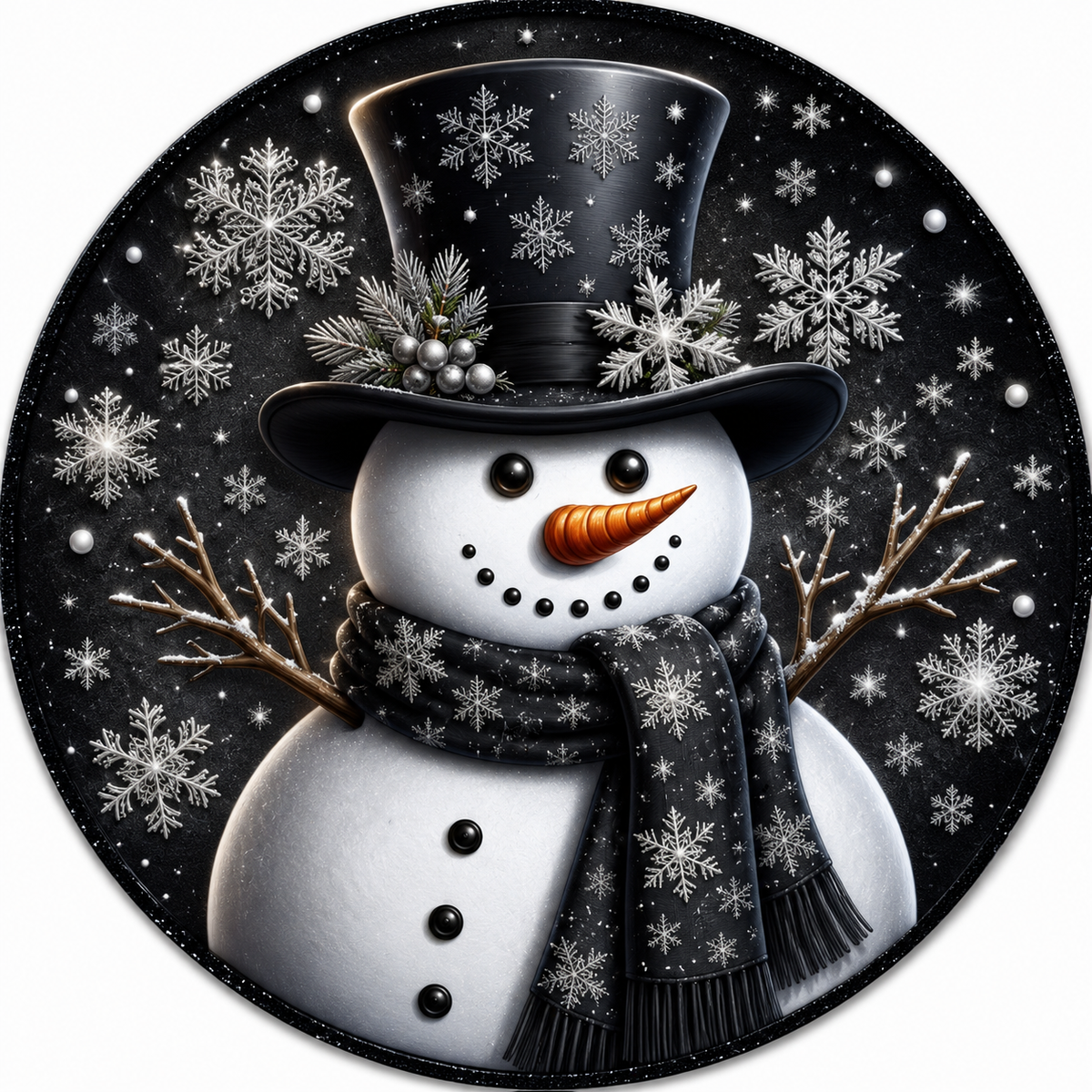 Christmas Snowman in Top Hat Black White Wreath Sign-Sublimation-Round-Chistmas-Winter-Decor