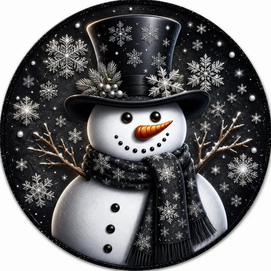 Christmas Snowman in Top Hat Black White Wreath Sign-Sublimation-Round-Chistmas-Winter-Decor