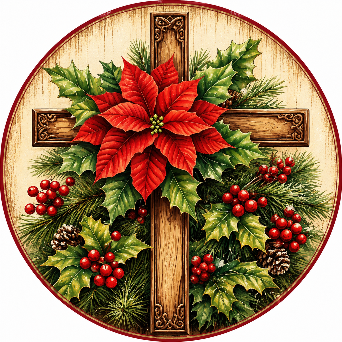 Wooden Cross with Poinsettia Wreath Sign-Sublimation-Round-Christmas-Winter-Decor