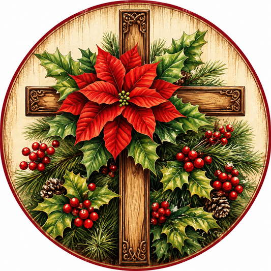 Wooden Cross with Poinsettia Wreath Sign-Sublimation-Round-Christmas-Winter-Decor