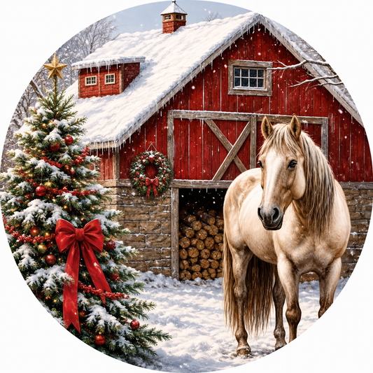 Snow Covered Red Barn Horse Christmas Tree Wreath Sign