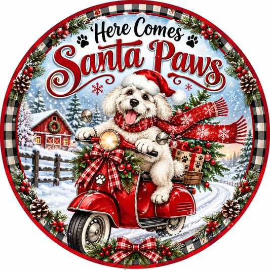 Here Comes Santa Paws Dog on Scooter Wreath Sign