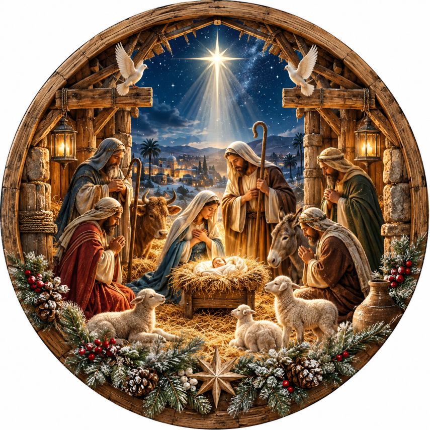 Christmas Nativity Scene North Star Wreath Sign