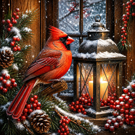 Christmas Cardinal Lantern with Holly Wreath Sign-10"X10" Square