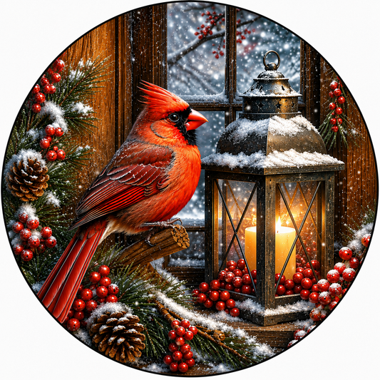 Christmas Cardinal Snowy Lantern Sublimated Wreath Sign