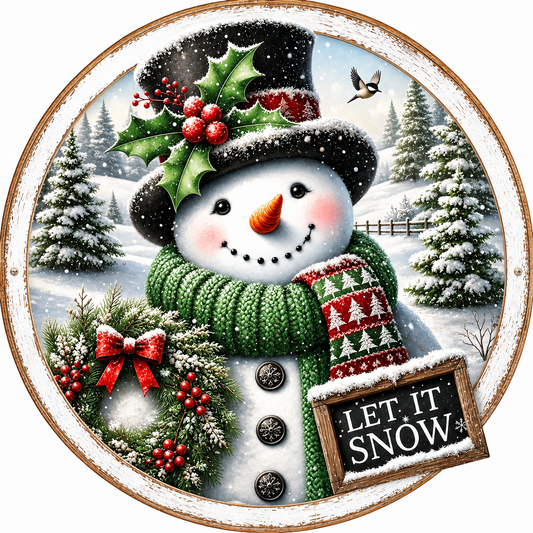 Let it Snow Christmas Winter Snowman Sublimated Wreath Sign