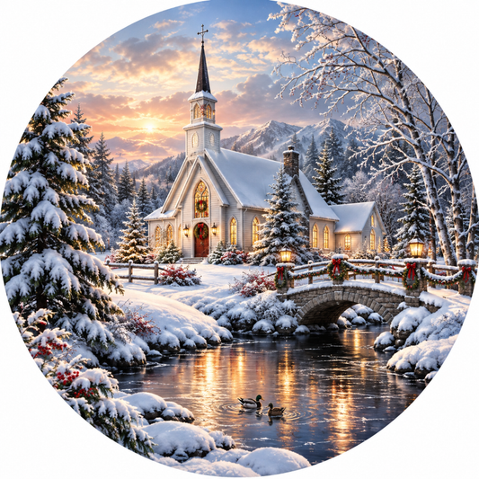 Snow Covered Winter Church Wreath Sign