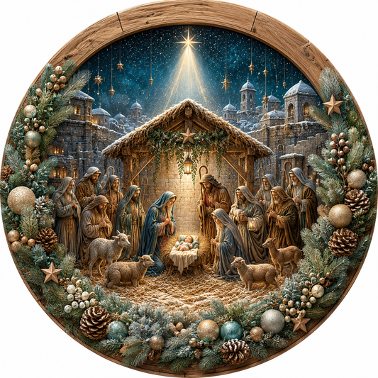 Christmas Nativity Manger Scene Sublimated Wreath Sign