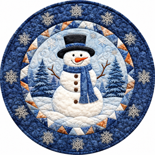 Blue Quilted Snowman with Blue Snowflake Border Wreath Sign-Sublimation-Round-Christmas-Decor