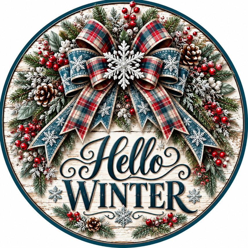 Hello Winter on Shiplap Sublimated Wreath Sign