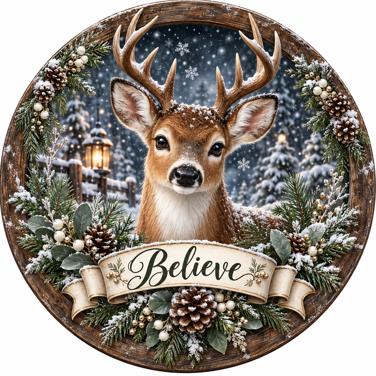 Believe Christmas Reindeer Greenery Pine Cones Sublimated Wreath Sign