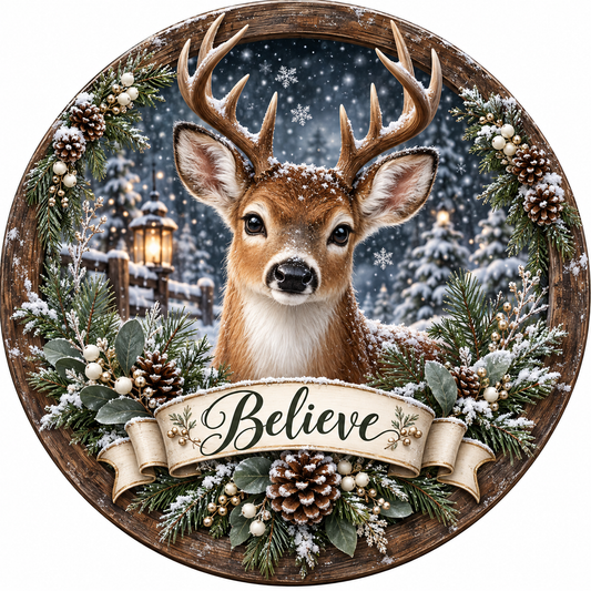 Believe Christmas Reindeer Greenery Pine Cones Sublimated Wreath Sign