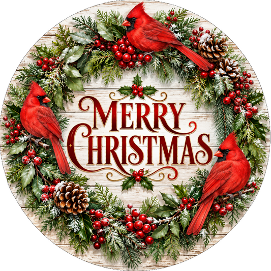 Merry Christmas Cardinal Evergreen Wreath Sign