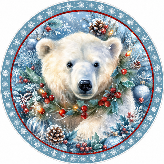 Christmas Polar Bear Blue Snowflake Red Glitter Border Wreath Sign-Sublimation-Round-Christmas-Decor