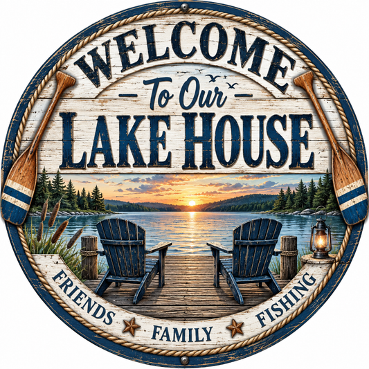 Welcome To Our Lake House Friends, Family & Fishing Coastal Sublimated Wreath Sign
