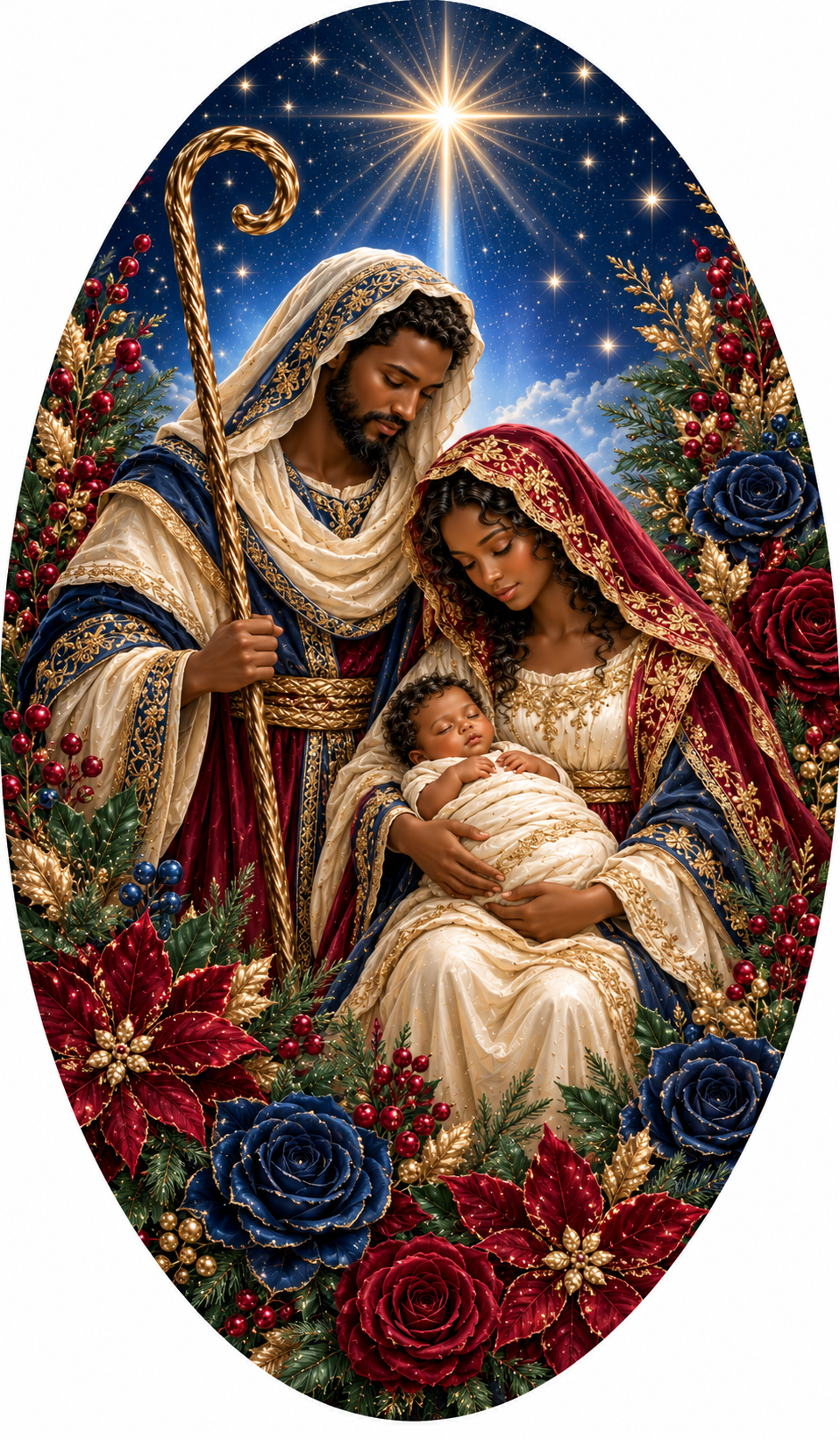a religious scene with a man, a woman, and a baby, all dressed in traditional religious attire, surrounded by a starry night sky, flowers, and other holiday decorations.