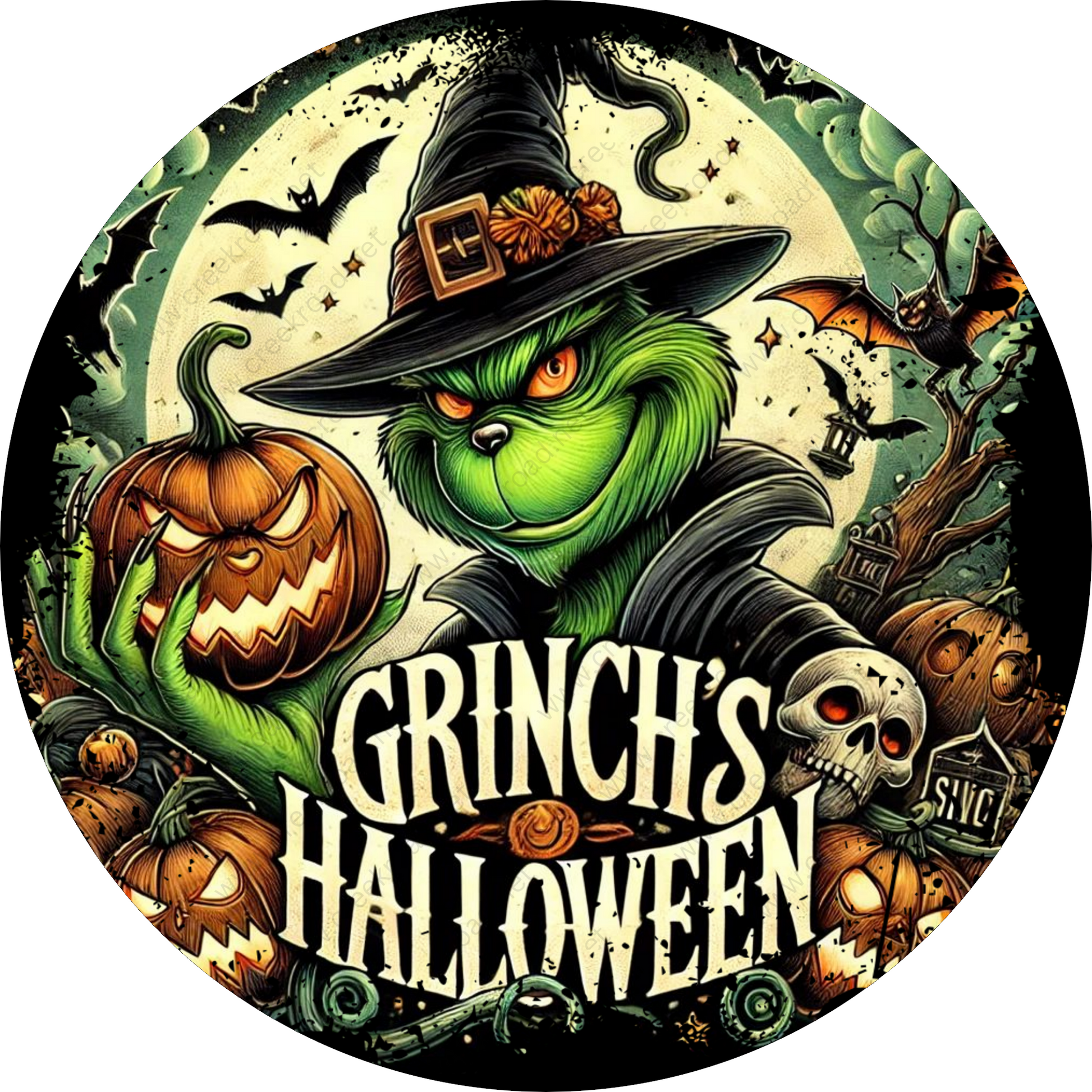 a round sticker with an image of a grin's halloween