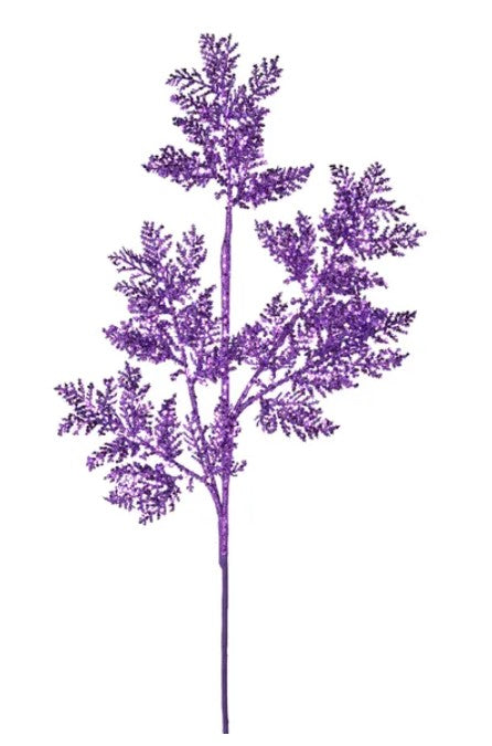 A single purple branch with numerous small purple flowers or leaves attached to it.