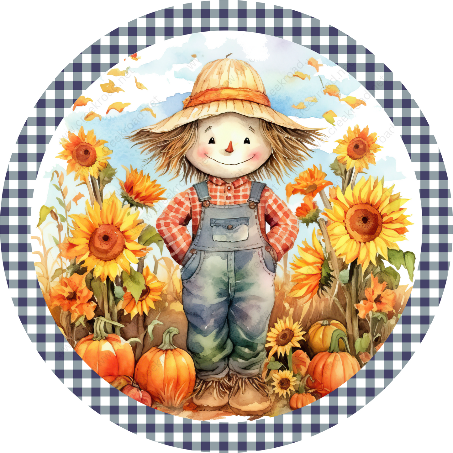 a painting of a scarecrow standing in a field of sunflowers