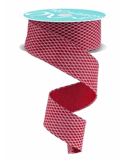 A roll of red and white diamond-patterned ribbon with a turquoise label.