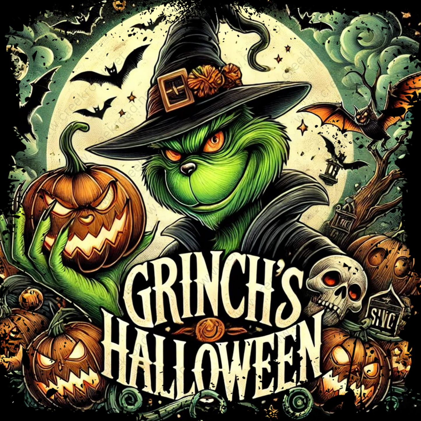 a poster of a green cat wearing a witches hat and holding a pumpkin