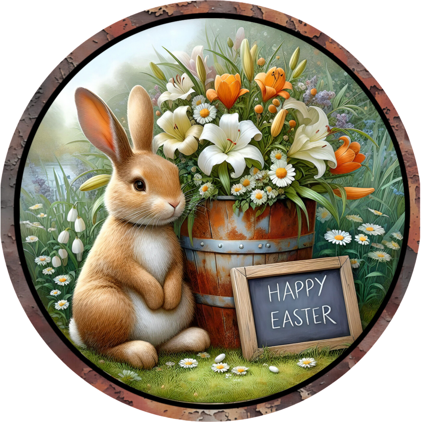 a painting of a rabbit sitting next to a bucket of flowers