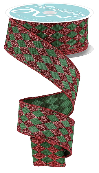 A spiral-shaped Christmas ribbon with a pattern of red and green diamonds.