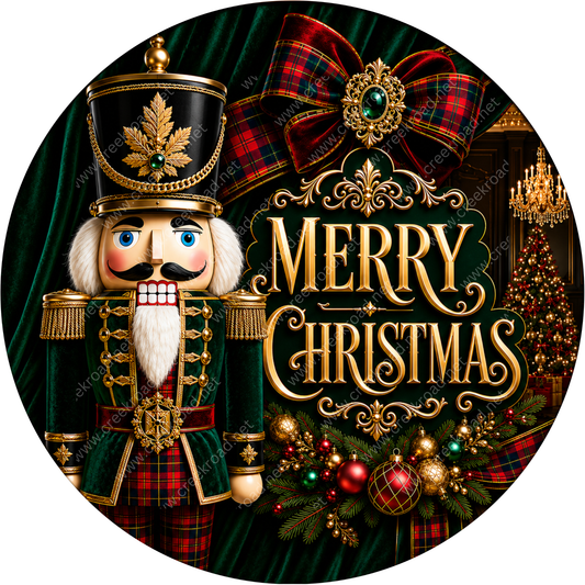 A nutcracker figure wearing a green and red outfit with gold accents, standing in front of a Christmas tree and a "Merry Christmas" sign.