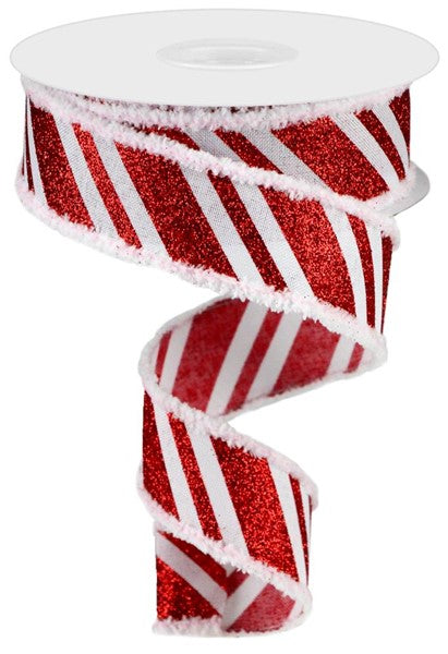 a roll of red and white glitter ribbon