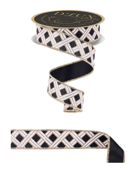A decorative black and white ribbon with a gold geometric pattern.