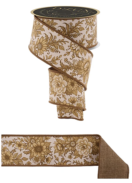 a floral print ribbon with a gold and white color scheme.