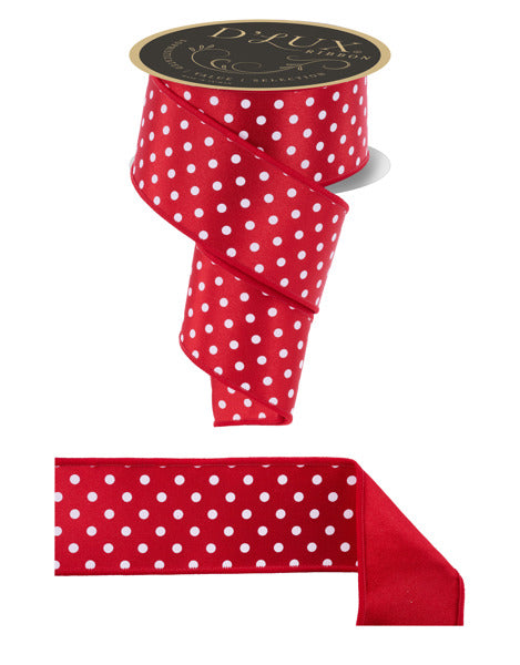 a red ribbon with white polka dots, and it is attached to a spool of the same ribbon.