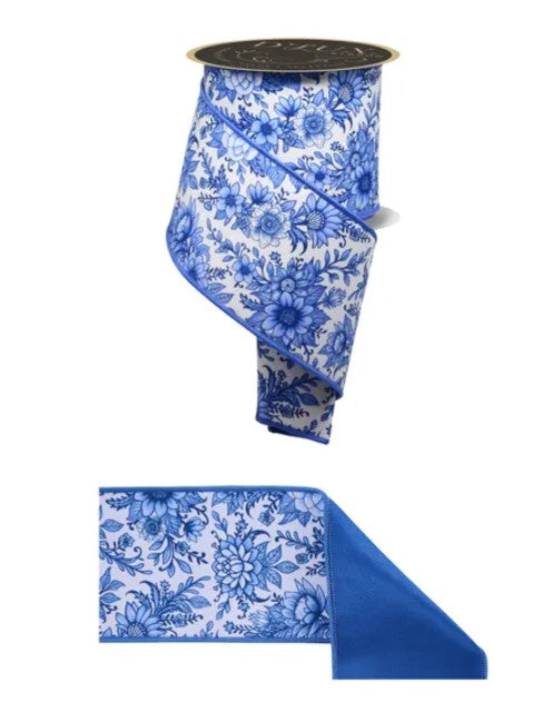 a blue and white floral patterned ribbon and a blue fabric with a similar floral pattern.