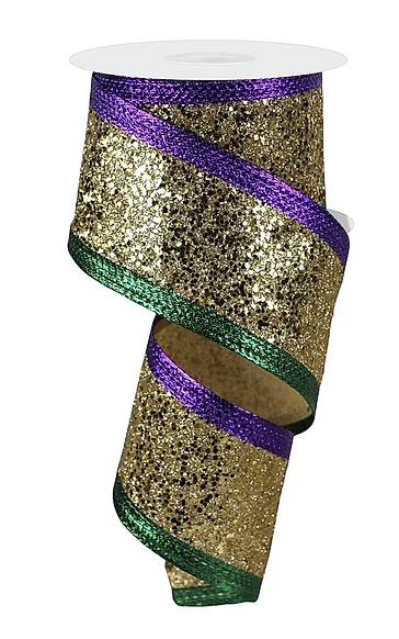 a spiral ribbon with a glittery gold and purple color scheme.