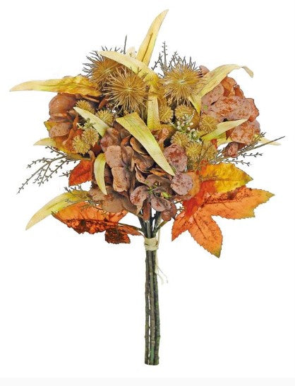 A bouquet of autumn flowers and leaves, including dried flowers and leaves, tied together with a string.