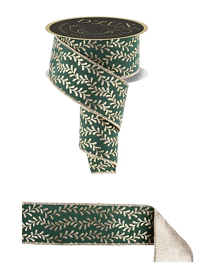 A roll of green and gold leaf-patterned ribbon with a gold label.