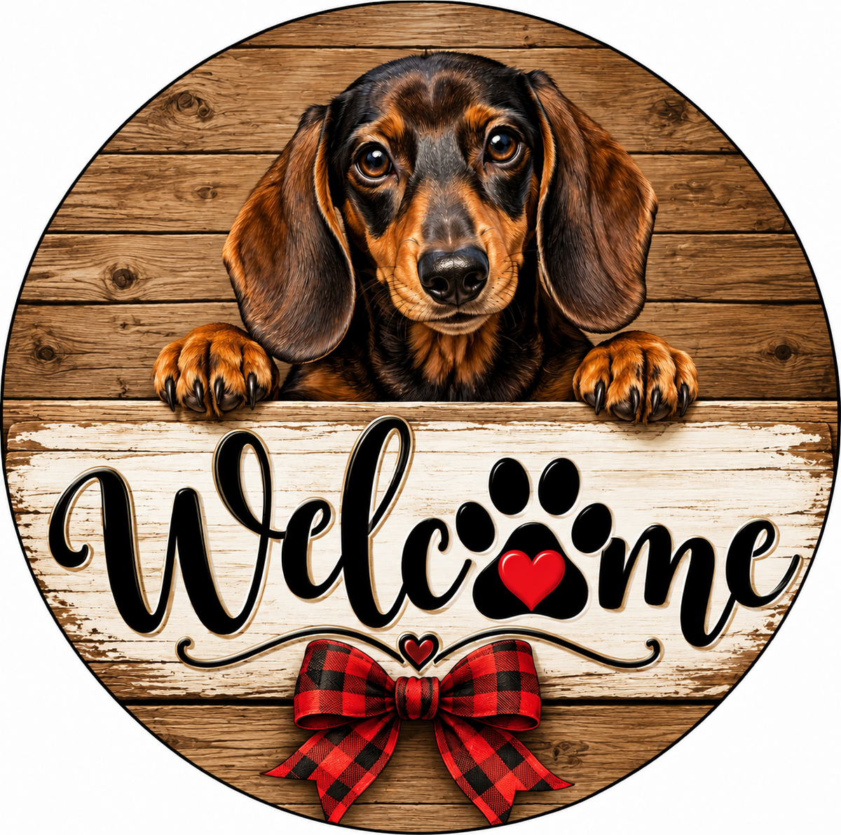 A dachshund dog peeking out from behind a wooden sign with the word "Welcome" written on it.