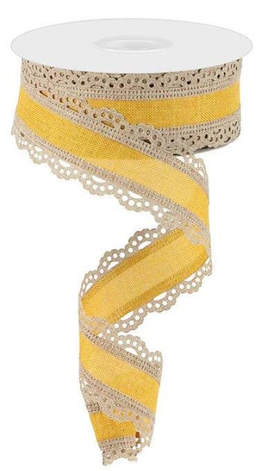 A yellow and beige decorative ribbon with a lace-like pattern.