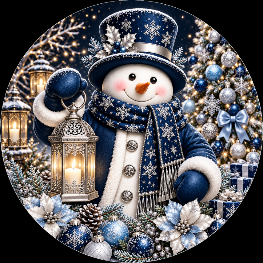 A snowman holding a lantern stands in front of a Christmas tree, surrounded by ornaments, pine cones, and other holiday decorations.