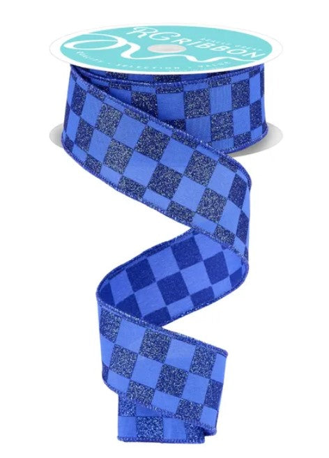 A blue and black checkered ribbon with a silver glitter pattern.