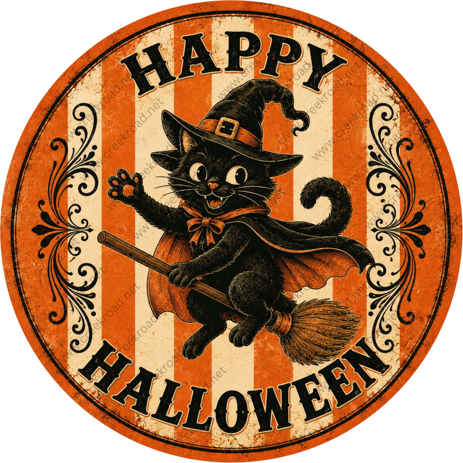 A black cat wearing a witch's hat and cape is depicted in the center of the image, with the text "HAPPY HALLOWEEN" written around it.