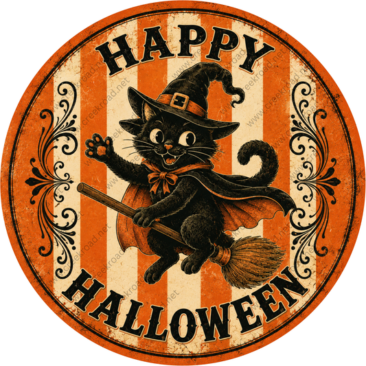 A black cat wearing a witch's hat and cape is depicted in the center of the image, with the text "HAPPY HALLOWEEN" written around it.