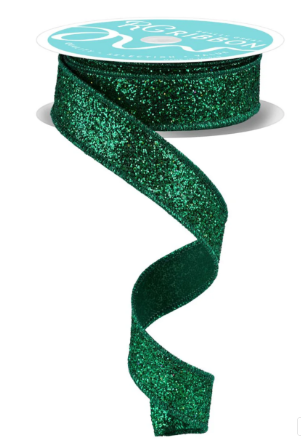 A roll of green glittery ribbon is shown, with the ribbon's shiny, sparkly texture visible.