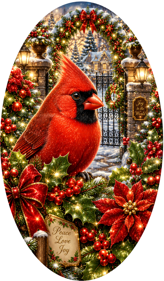 A vibrant red cardinal bird perches on a branch amidst a festive Christmas wreath, adorned with red berries, red poinsettias, and a wreath of holly. The wreath is decorated with a "Peace Love Joy" sign and a "Joy World" sign, and the background features a snowy landscape with a house and trees.