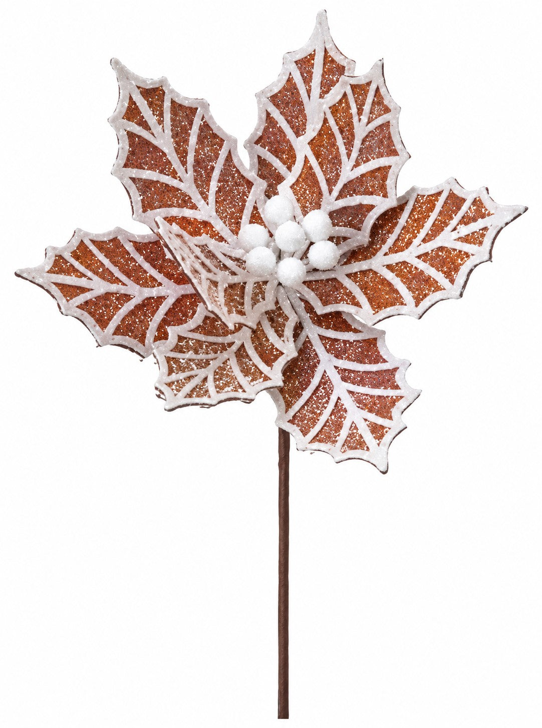 A decorative poinsettia flower with a brown stem and white berries.