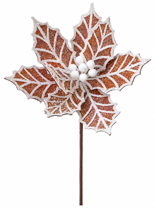 A decorative poinsettia flower with a brown stem and white berries.